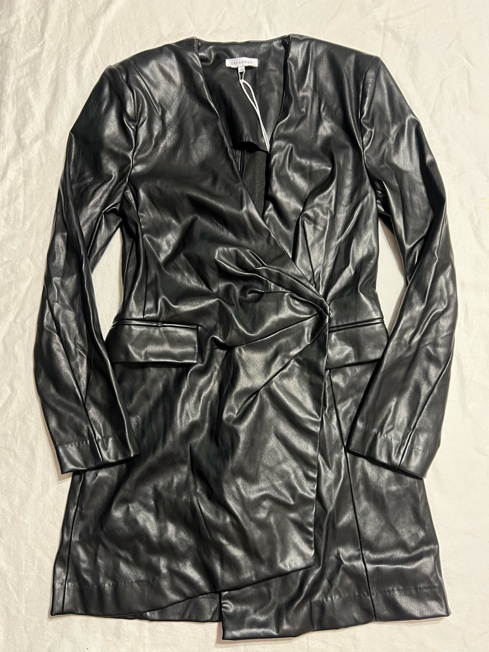 Crescent Black Faux Leather Wrap Blazer
